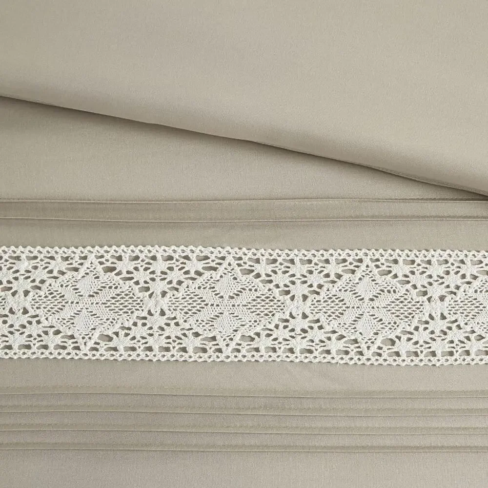 NEW! Madison Park Queen Marla 7PC Lace Trim Comforter Set Throw Pillows Taupe